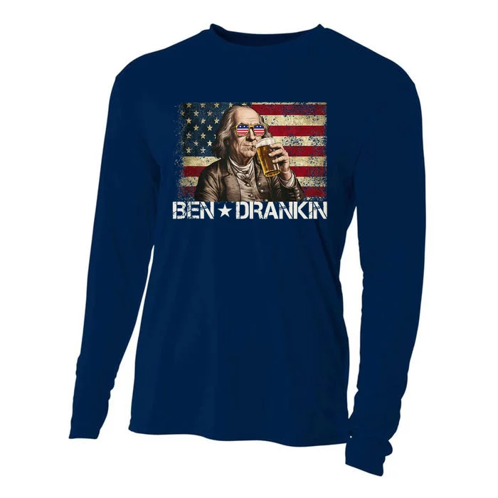 Ben Drankin Funny Beer 4th Of July Retro Usa Flag 4 July Cooling Performance Long Sleeve Crew