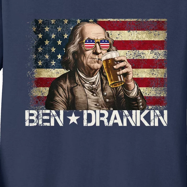 Ben Drankin Funny Beer 4th Of July Retro Usa Flag 4 July Kids Long Sleeve Shirt