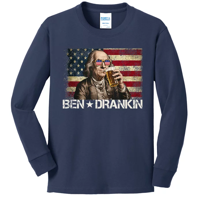 Ben Drankin Funny Beer 4th Of July Retro Usa Flag 4 July Kids Long Sleeve Shirt