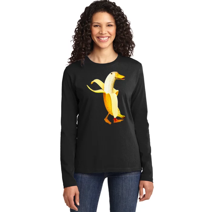 Banana Duck. Funny Anthropomorphic Fruit Animals Ladies Long Sleeve Shirt