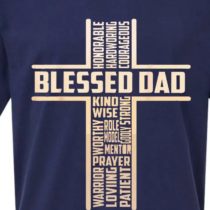 Blessed Dad Fathers Day Cross Christian Papa Pop Husband Sueded Cloud Jersey T-Shirt