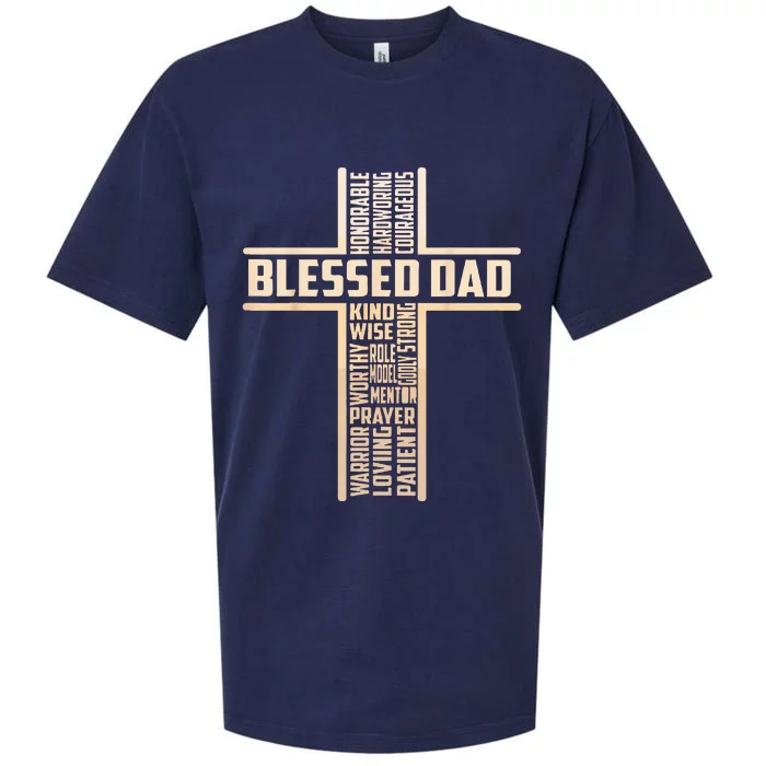 Blessed Dad Fathers Day Cross Christian Papa Pop Husband Sueded Cloud Jersey T-Shirt