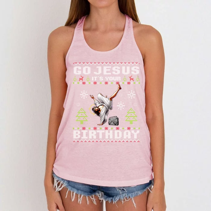 Break Dance Go Jesus ItS Your Birthday Merry Christmas Day Women's Knotted Racerback Tank