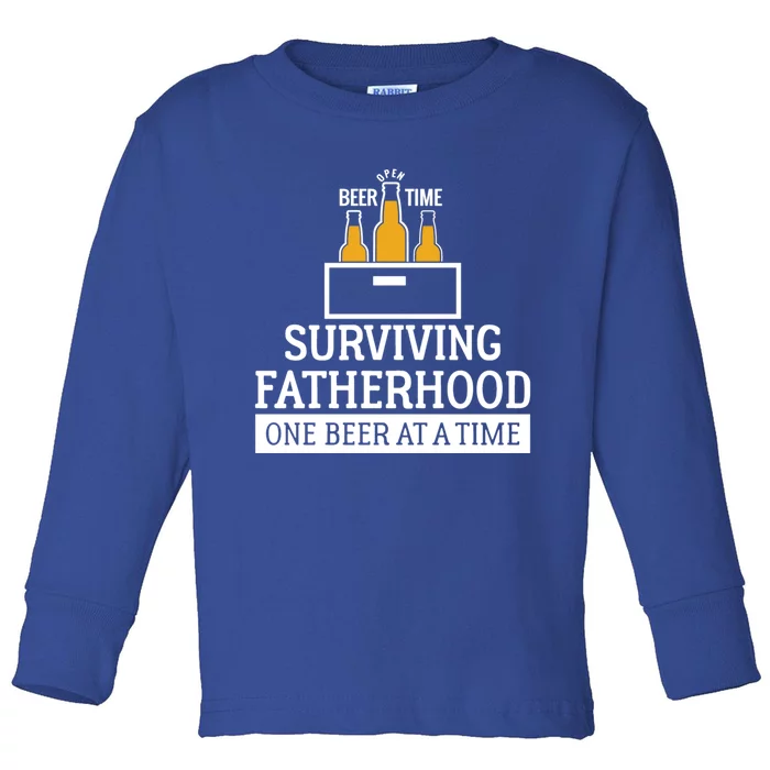 Beer Dad Gift Funny Surviving Fatherhood One Beer At A Time Gift Toddler Long Sleeve Shirt