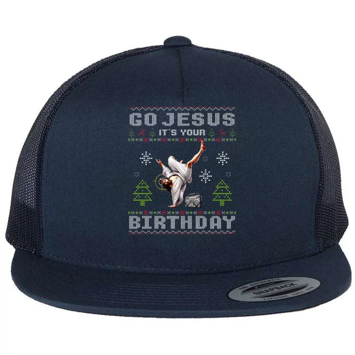 Break Dance Go Jesus It's Your Birthday Merry Christmas Day Flat Bill Trucker Hat