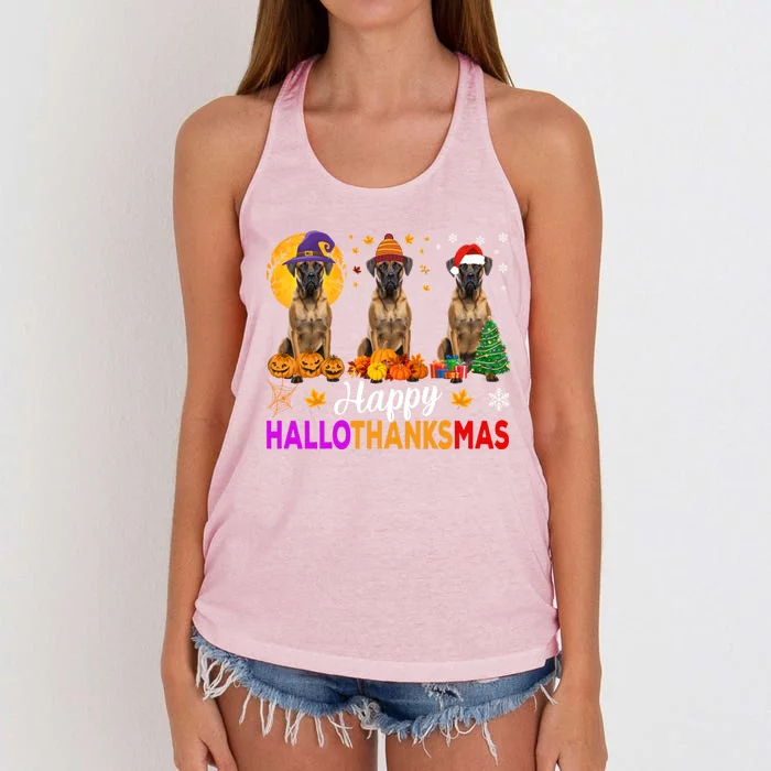 Boxer Dog Halloween Christmas Hallothanksmas Gift Women's Knotted Racerback Tank