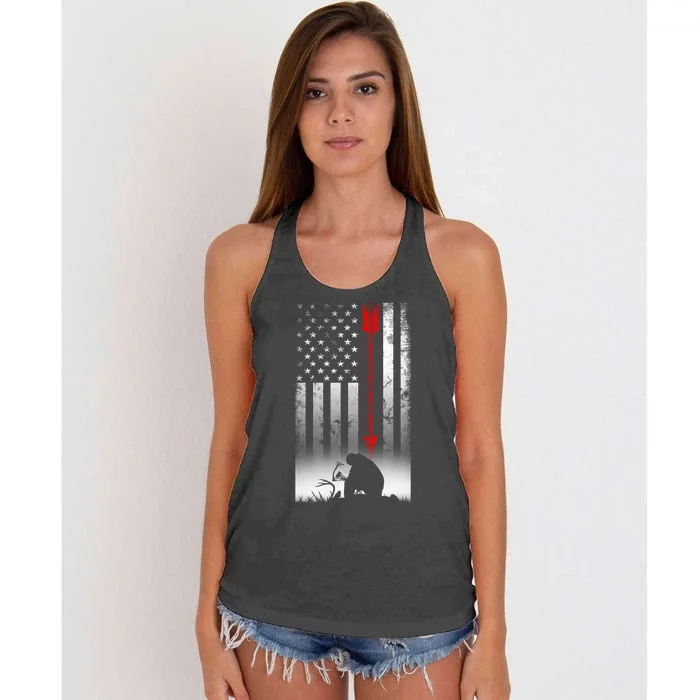 Bow Deer Hunting American Flag Gift For Bow Hunting Cute Gift Women's Knotted Racerback Tank