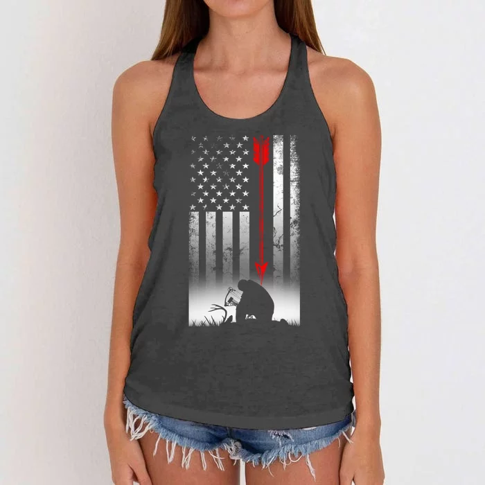 Bow Deer Hunting American Flag Gift For Bow Hunting Cute Gift Women's Knotted Racerback Tank