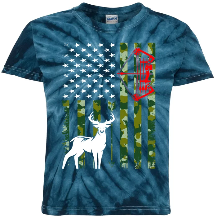 Buck Deer Hunting American Flag Camouflage Bow Hunting Kids Tie-Dye T-Shirt