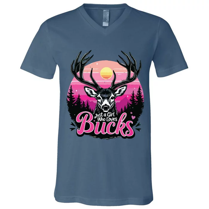 Buck Deer Hunting Hunter Girl Vintage Hunt V-Neck T-Shirt