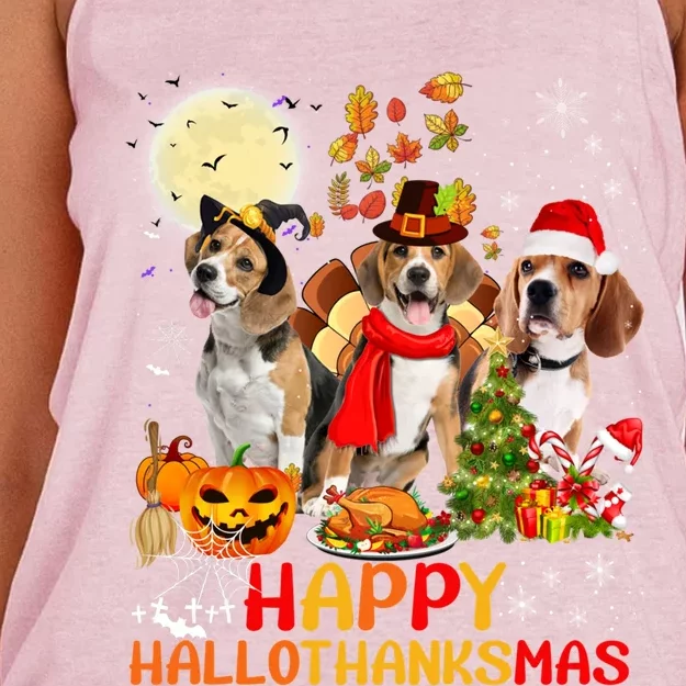 Beagle Dog Halloween Merry Christmas Happy Hallothanksmas Gift Women's Knotted Racerback Tank