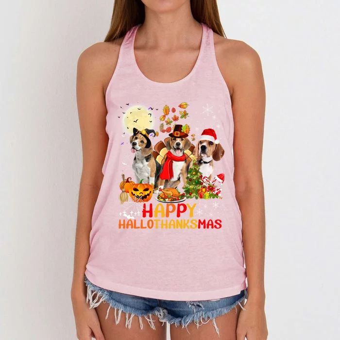 Beagle Dog Halloween Merry Christmas Happy Hallothanksmas Gift Women's Knotted Racerback Tank