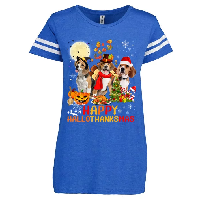 Beagle Dog Halloween Merry Christmas Happy Hallothanksmas Gift Enza Ladies Jersey Football T-Shirt