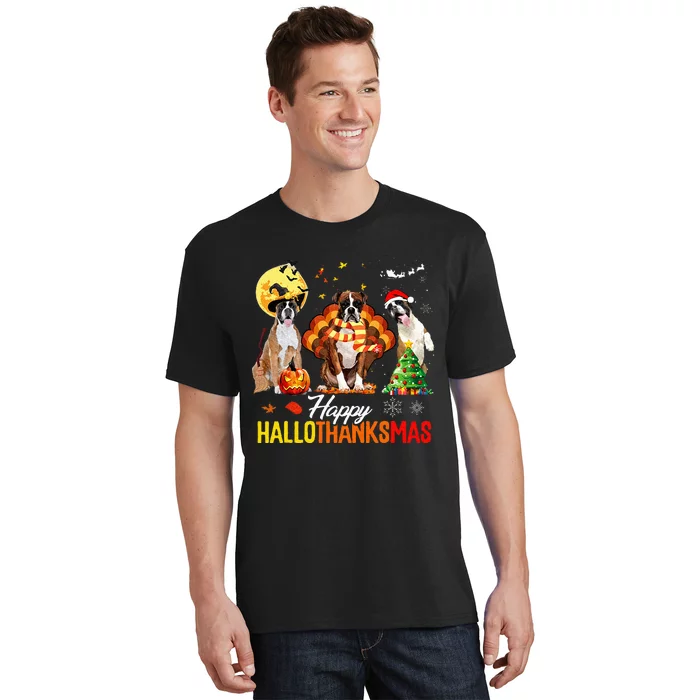 Boxer Dog Happy Hallothanksmas Halloween Thanksgiving Xmas T-Shirt