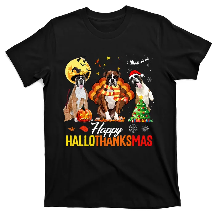 Boxer Dog Happy Hallothanksmas Halloween Thanksgiving Xmas T-Shirt