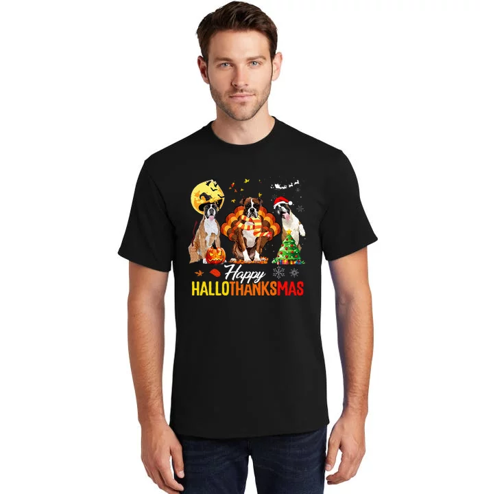 Boxer Dog Happy Hallothanksmas Halloween Thanksgiving Xmas Tall T-Shirt