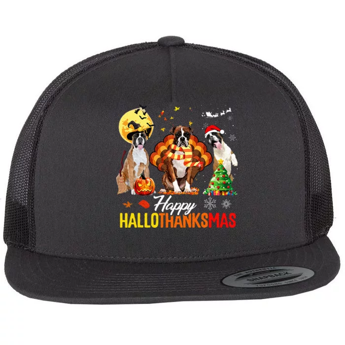 Boxer Dog Happy Hallothanksmas Halloween Thanksgiving Xmas Flat Bill Trucker Hat