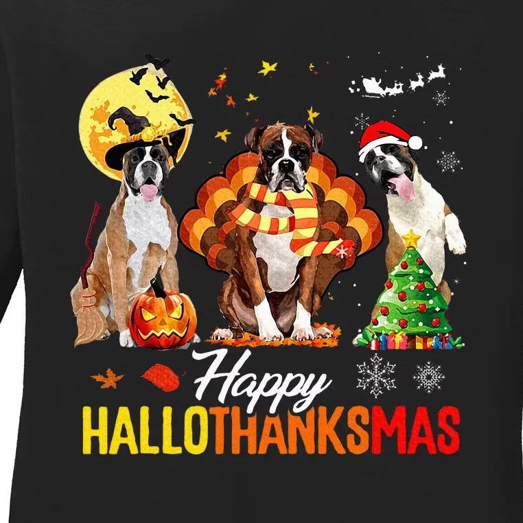 Boxer Dog Happy Hallothanksmas Halloween Thanksgiving Xmas Ladies Long Sleeve Shirt