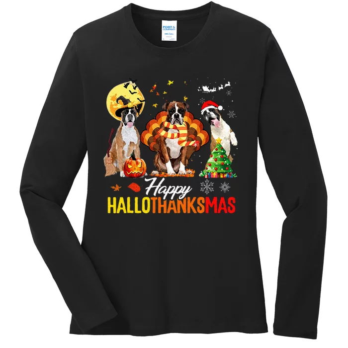 Boxer Dog Happy Hallothanksmas Halloween Thanksgiving Xmas Ladies Long Sleeve Shirt