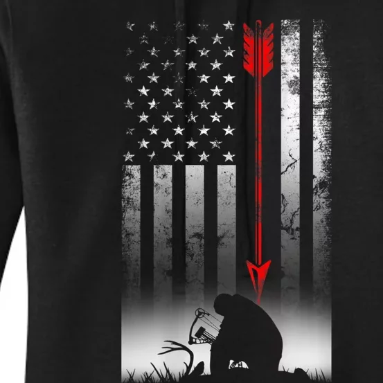 Bow Deer Hunting American Flag For Bow Hunting Women's Pullover Hoodie