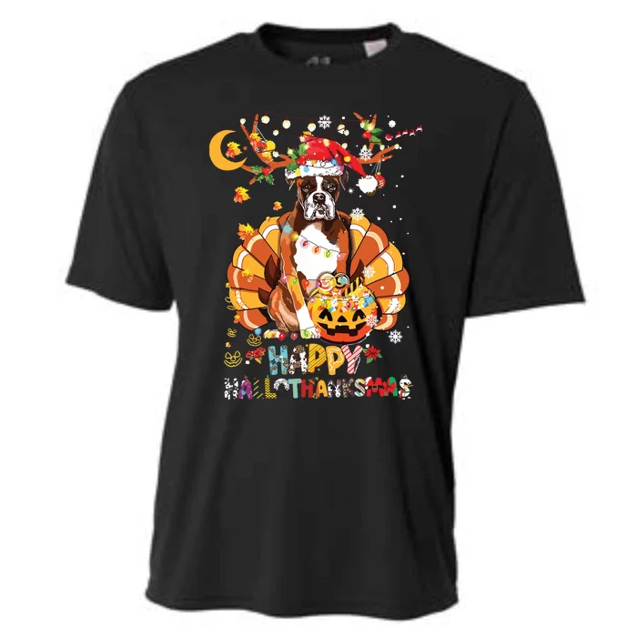 Boxer Dog Happy Hallothanksmas Halloween Thanksgiving Funny Cooling Performance Crew T-Shirt