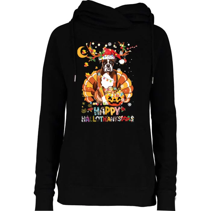 Boxer Dog Happy Hallothanksmas Halloween Thanksgiving Funny Womens Funnel Neck Pullover Hood