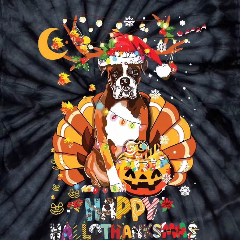 Boxer Dog Happy Hallothanksmas Halloween Thanksgiving Funny Tie-Dye T-Shirt