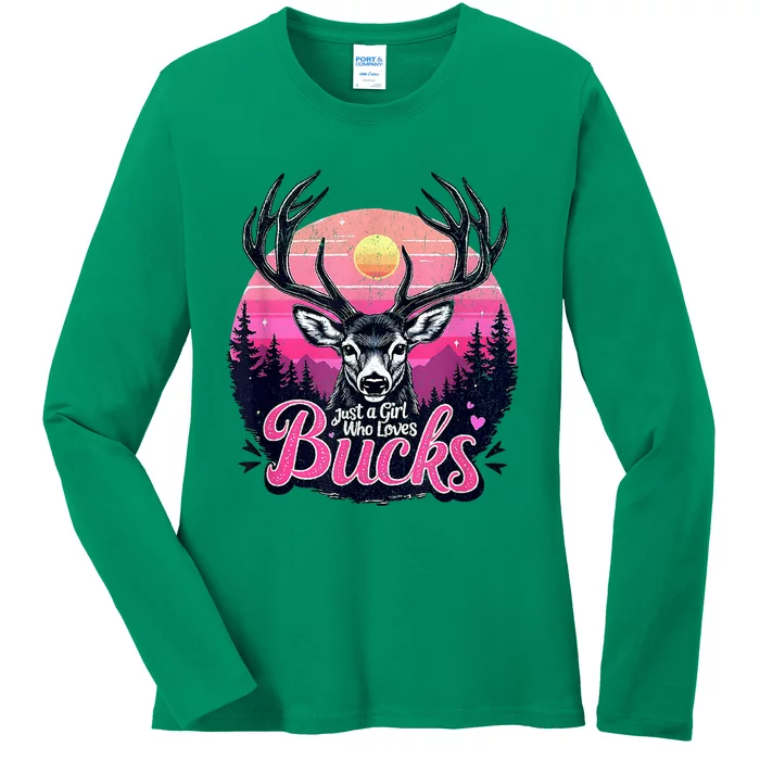 Buck Deer Hunting Hunter Vintage Hunt Ladies Long Sleeve Shirt