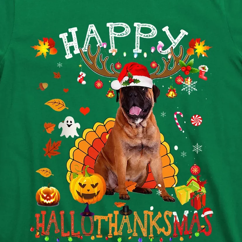 Bullmastiff Dog Halloween Christmas Dog Happy Hallothanksmas T-Shirt