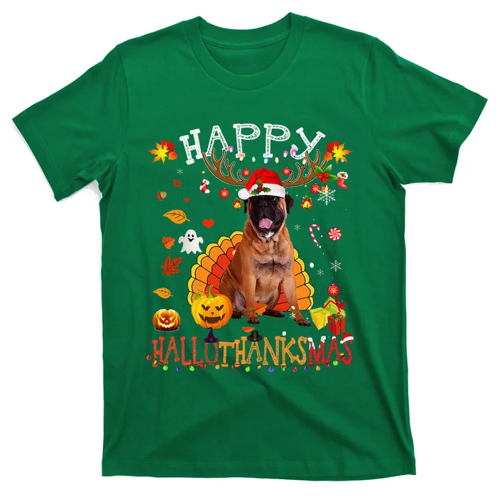 Bullmastiff Dog Halloween Christmas Dog Happy Hallothanksmas T-Shirt