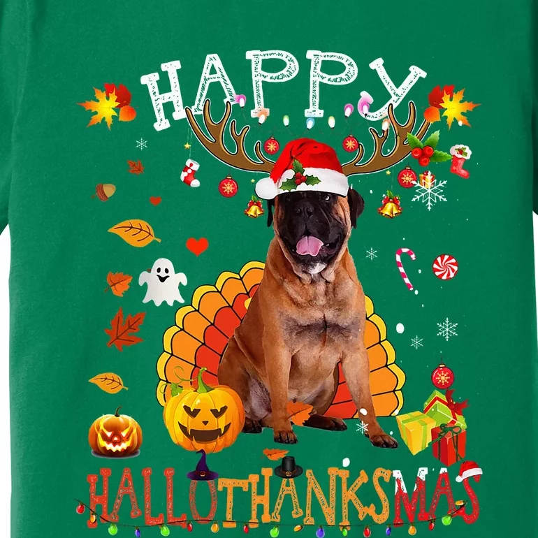 Bullmastiff Dog Halloween Christmas Dog Happy Hallothanksmas Premium T-Shirt