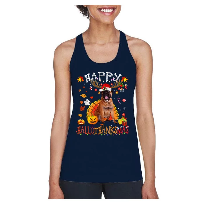 Bullmastiff Dog Halloween Christmas Dog Happy Hallothanksmas Women's Racerback Tank