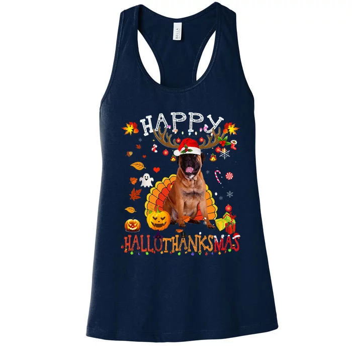 Bullmastiff Dog Halloween Christmas Dog Happy Hallothanksmas Women's Racerback Tank