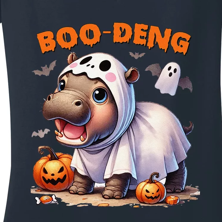 Boo Deng Halloween Baby Pygmy Hippo Bouncy Pig Moo Deng Women's V-Neck T-Shirt