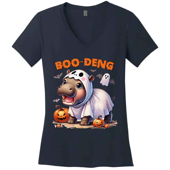 Boo Deng Halloween Baby Pygmy Hippo Bouncy Pig Moo Deng Women's V-Neck T-Shirt