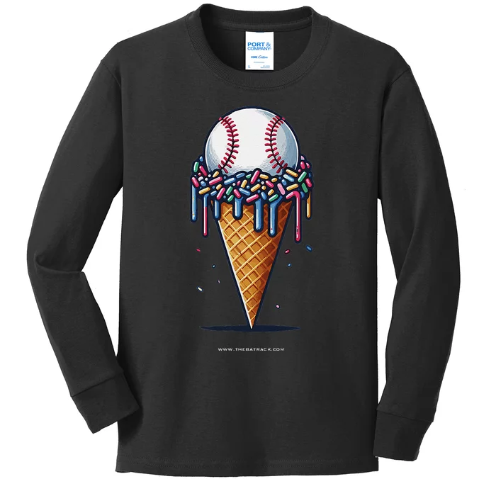 Baseball Drip Ice Cream Cone With Sprinkles Kids Long Sleeve Shirt