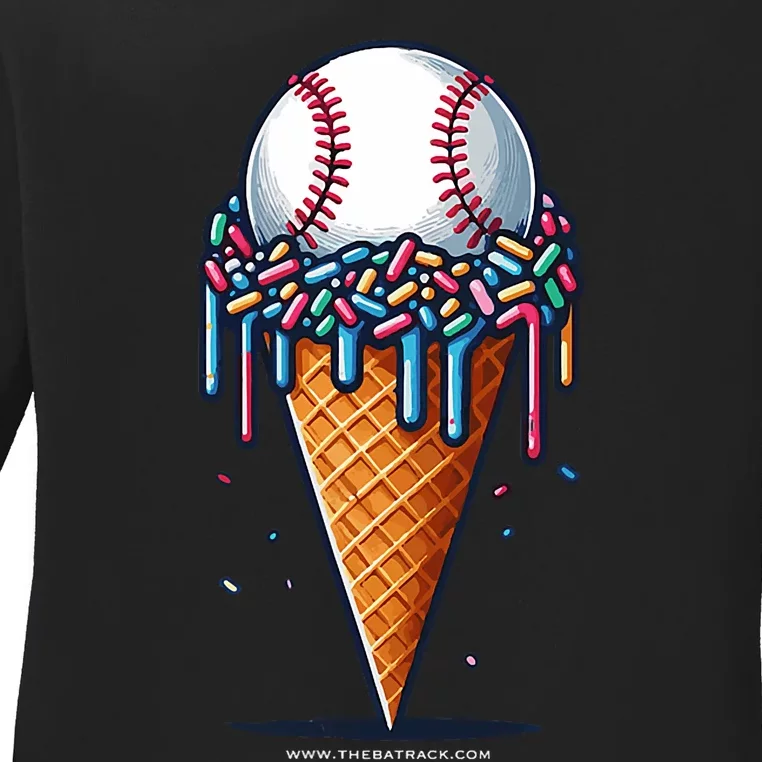 Baseball Drip Ice Cream Cone With Sprinkles Ladies Long Sleeve Shirt