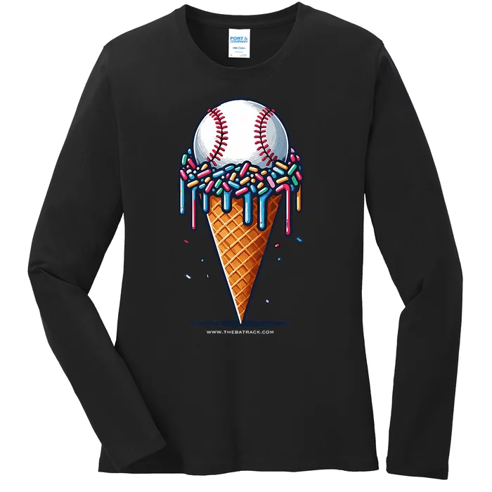 Baseball Drip Ice Cream Cone With Sprinkles Ladies Long Sleeve Shirt