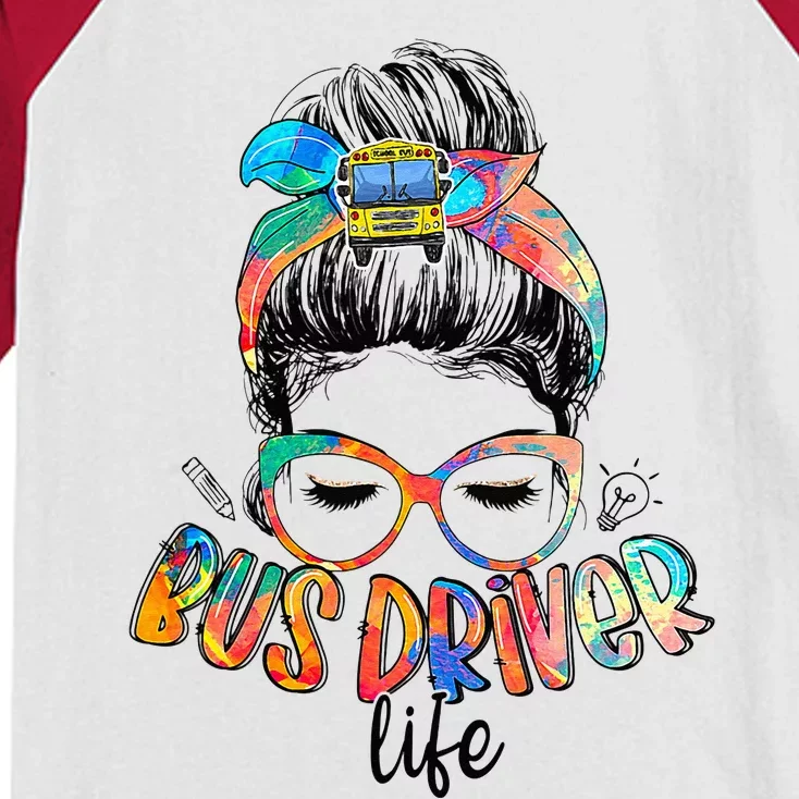 Bus Driver Life Messy Bun Hair Cute School Bus Driver Kids Colorblock Raglan Jersey