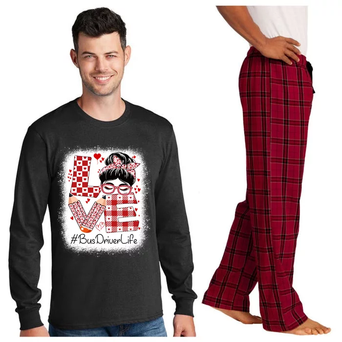 Bus Driver Love Messy Bun Valentine's Day Appreciation Gift Long Sleeve Pajama Set