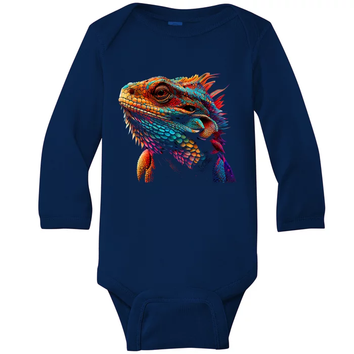 Bearded Dragon Lover Fun Colorful Cool Painting Art Cute Pet Baby Long Sleeve Bodysuit