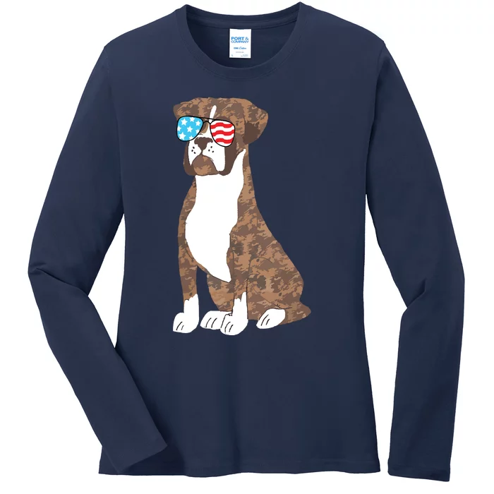 Boxer Dog Lovers Patriotic Cool USA Flag Memorial Day Gift Ladies Long Sleeve Shirt