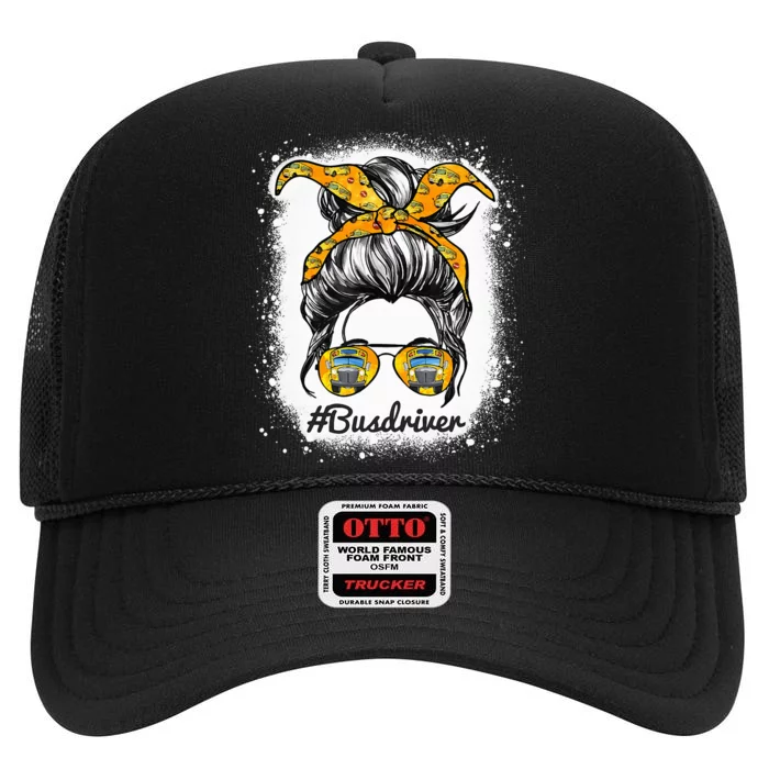 Bus Driver Life Messy Bun Hair Cute School Bus Driver High Crown Mesh Trucker Hat