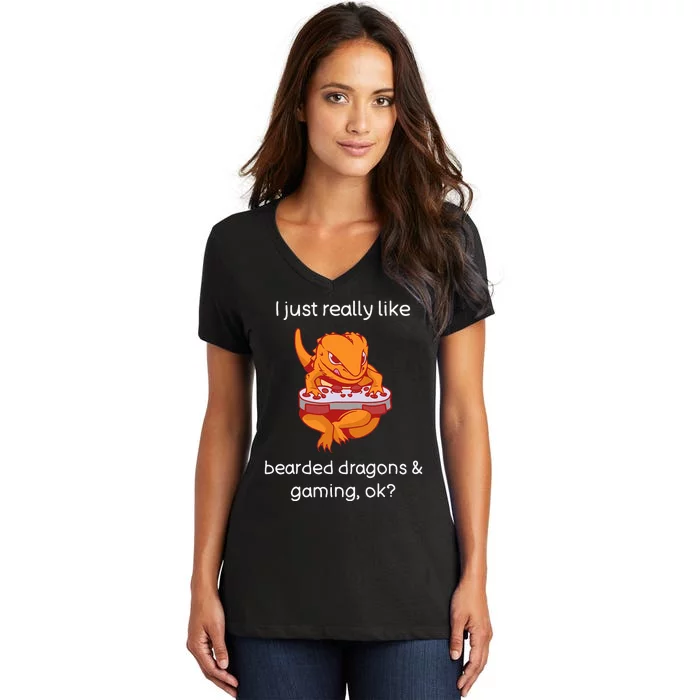 Bearded Dragon Lover Gaming Love Video Gaming Bearded Dragon Women's V-Neck T-Shirt