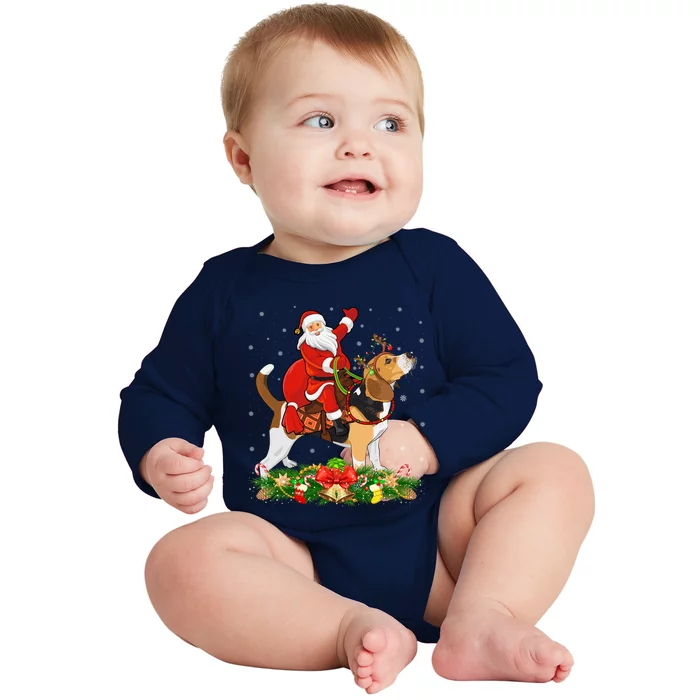 Beagle Dog Lover Funny Santa Riding Beagle Christmas Cool Gift Baby Long Sleeve Bodysuit