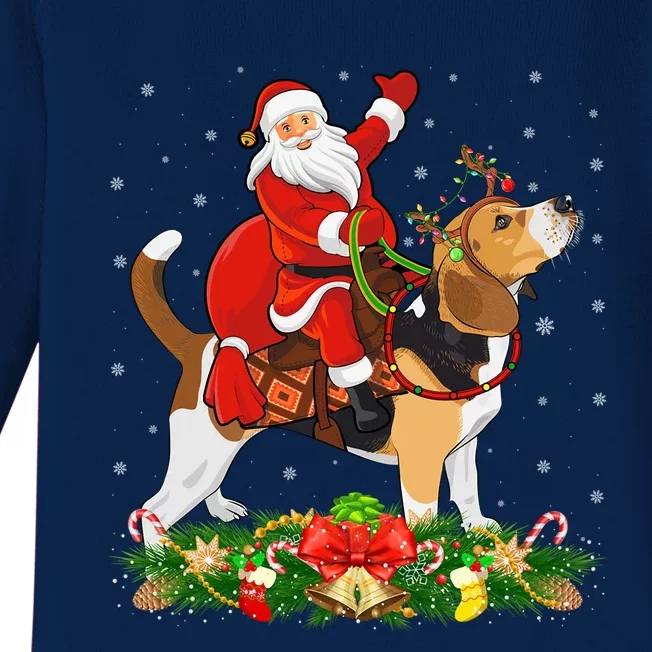 Beagle Dog Lover Funny Santa Riding Beagle Christmas Cool Gift Baby Long Sleeve Bodysuit