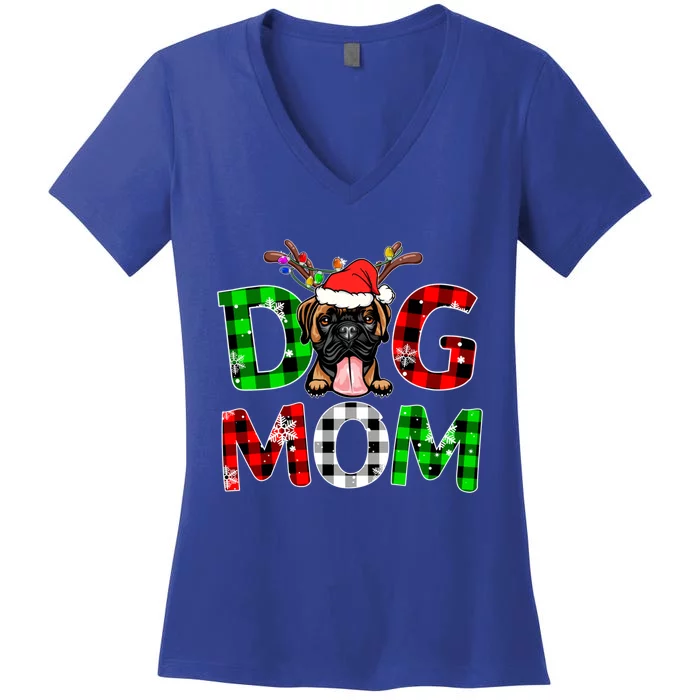 Boxer Dog Mom Buffalo Plaid Xmas Pajama Reindeer Horn Gift Women's V-Neck T-Shirt