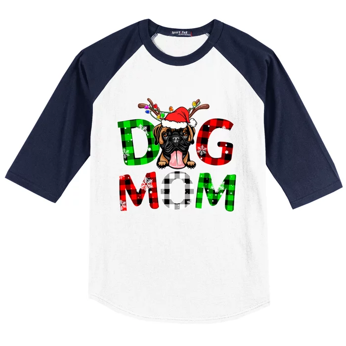 Boxer Dog Mom Buffalo Plaid Xmas Pajama Reindeer Horn Gift Baseball Sleeve Shirt