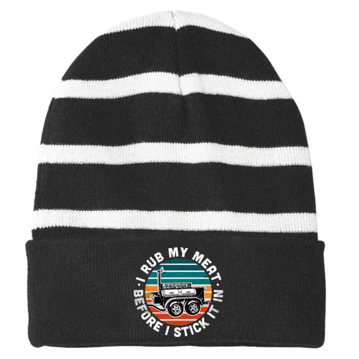 BBQ Dad Offset Smoker Pit Accessory I Rub My Meat Funny Text Striped Beanie with Solid Band