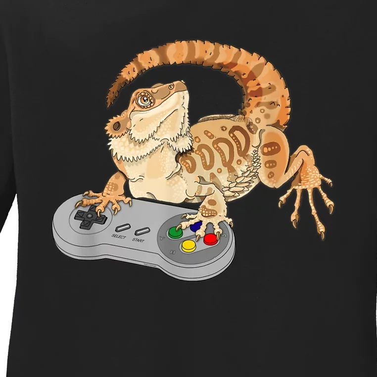 Bearded Dragon Playing Video Game Reptiles Pagona Gamer Ladies Long Sleeve Shirt